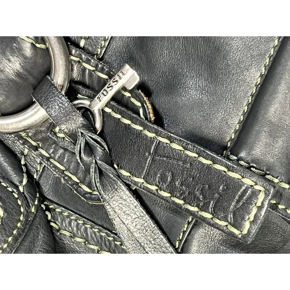 Fossil Leather Handbag Shoulder Tote Bag Black Large Braided Straps Key Charm - Picture 5 of 16